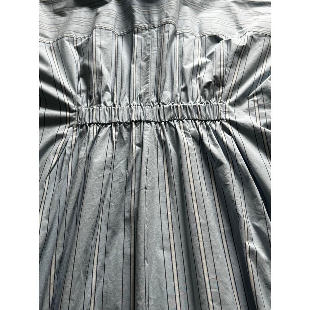 Blue Pinstriped pattern Shirt Dress Side pockets stand up collar V-neck Pleated - Picture 9 of 12